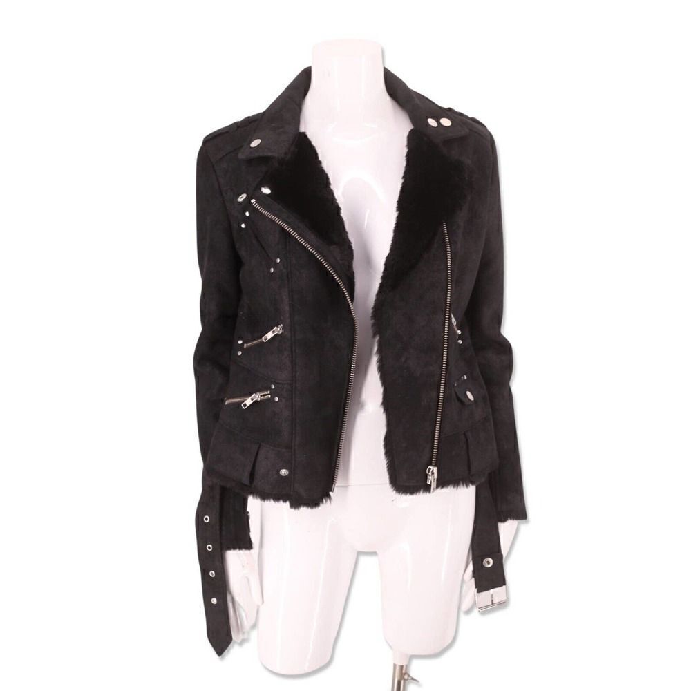 The Kooples black faux suede moto biker fur lined jacket vegan leather S